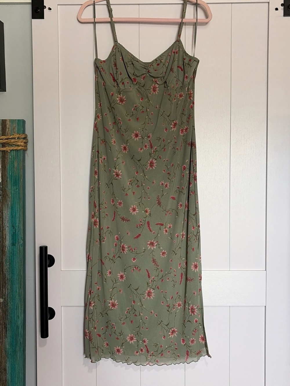 Olive Green Floral Midi Slip Dress with Pink & Cream Blooms